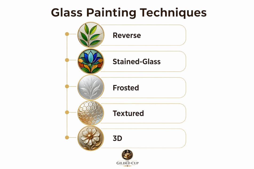 Infographic outlining main hand-painted glass techniques