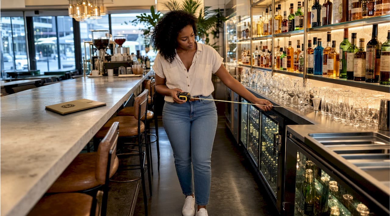 Woman measuring bartender aisle width in home bar