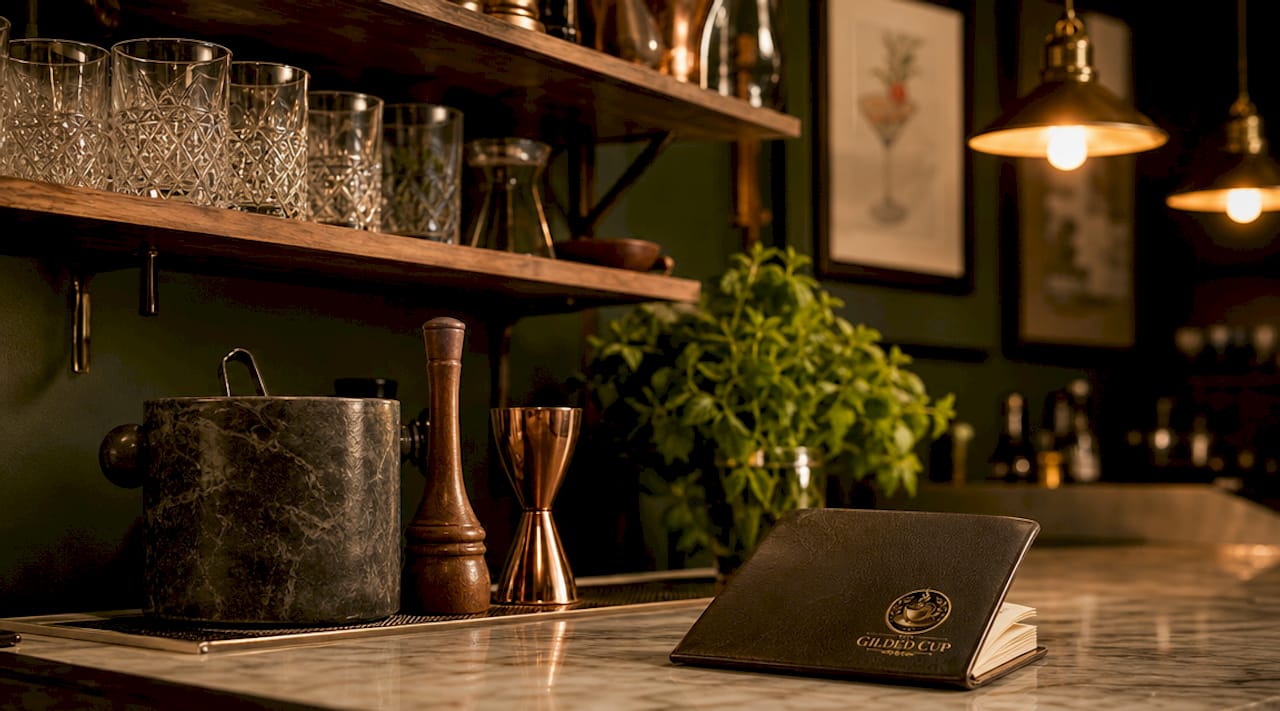 Stylish curated bar accessories on home bar shelves