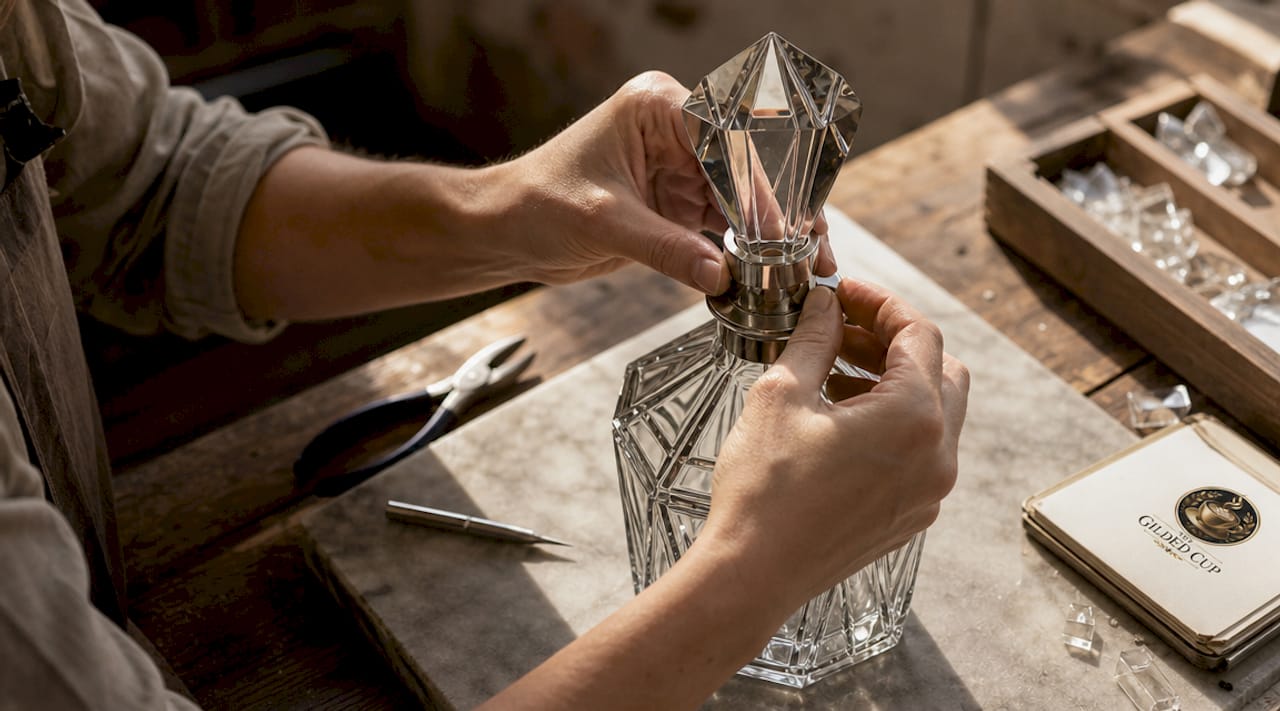 Artisan fitting metal mount on Art Deco glass decanter