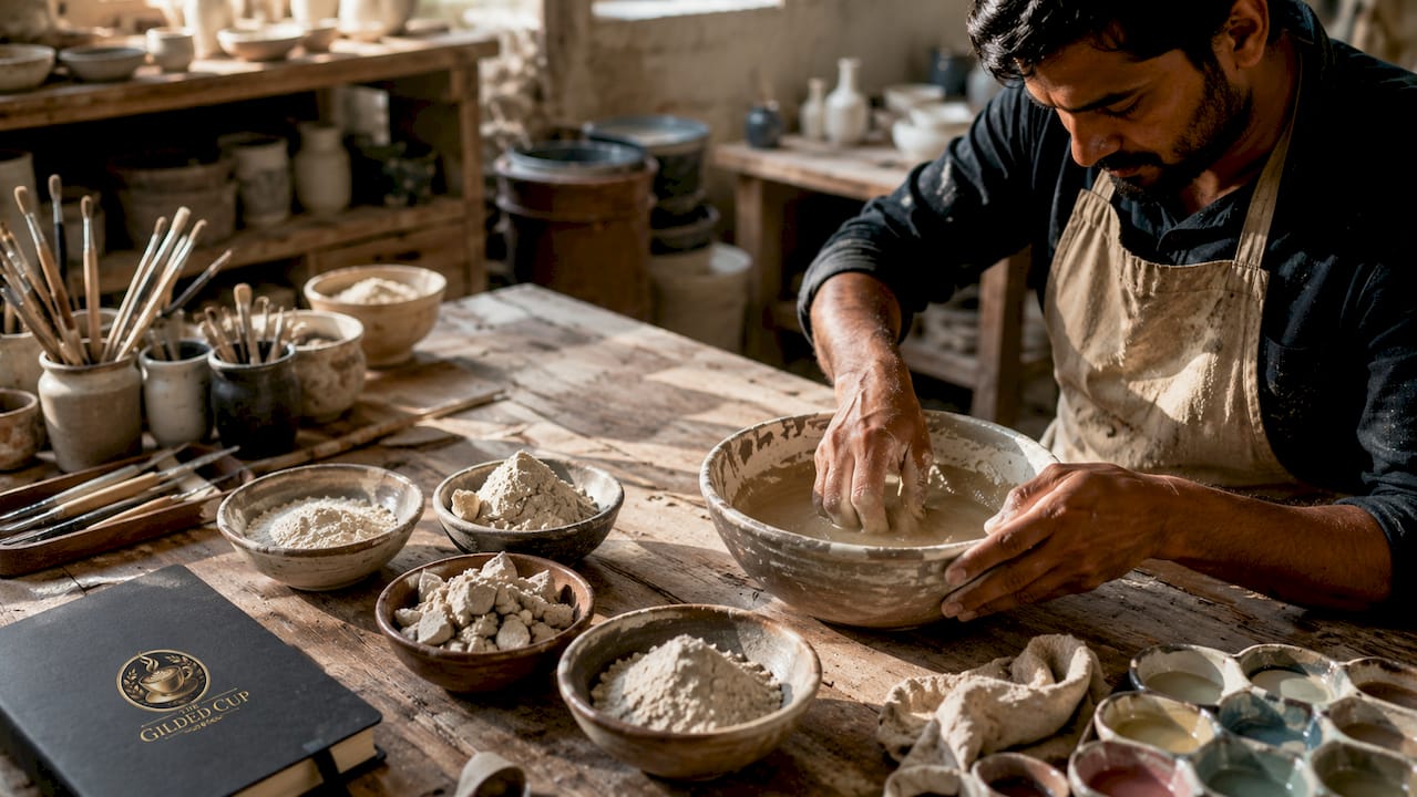 Hands mixing porcelain raw materials in workshop