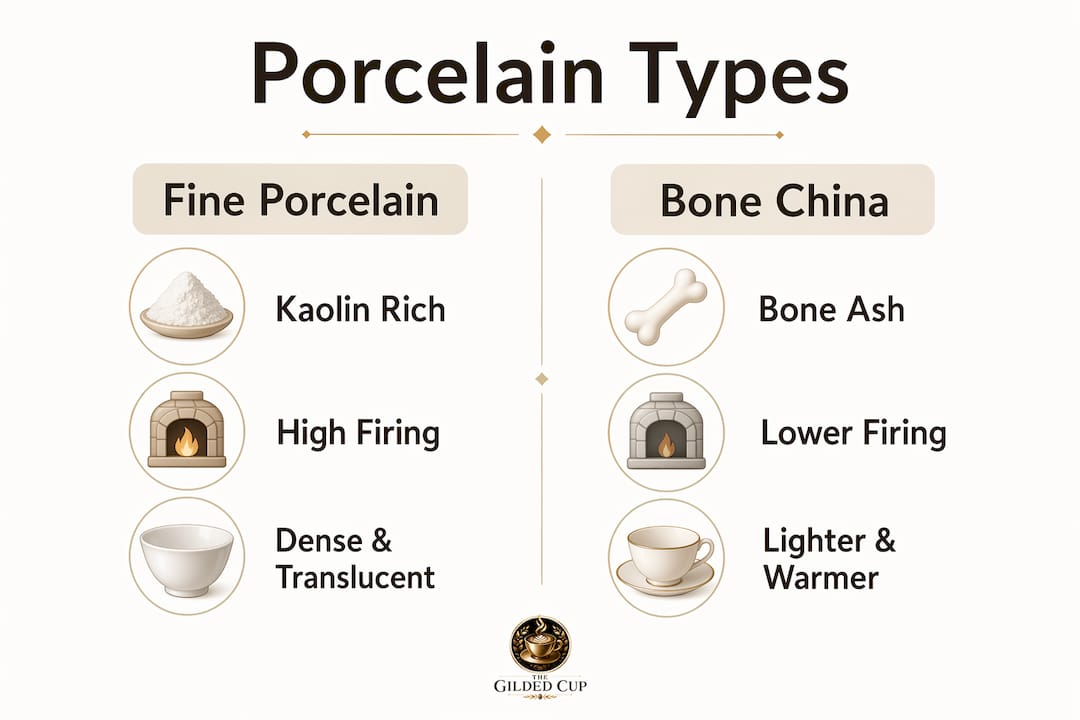 Infographic comparing fine porcelain and bone china characteristics