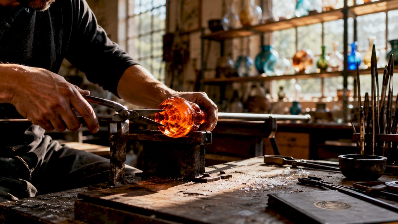 Artisan shaping glassware by hand in workshop