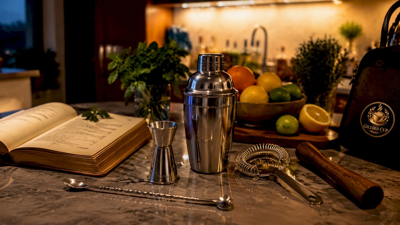 Essential bar tools on home bar cart setup