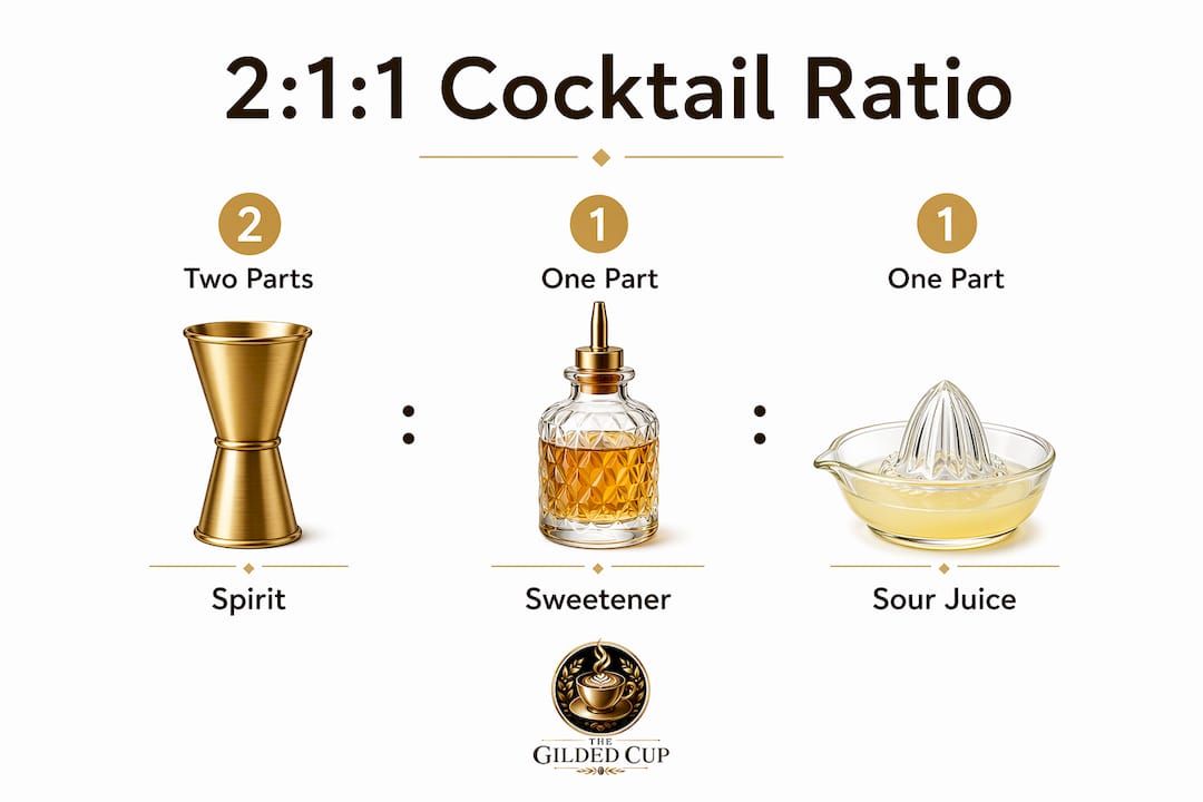 Infographic explaining 2:1:1 cocktail ratio in steps