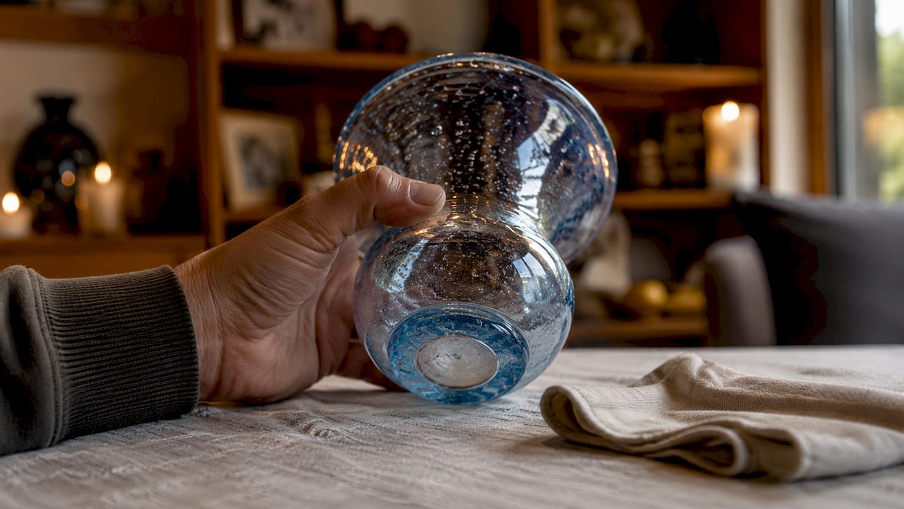 Close-up of hand examining authentic Murano glass vase