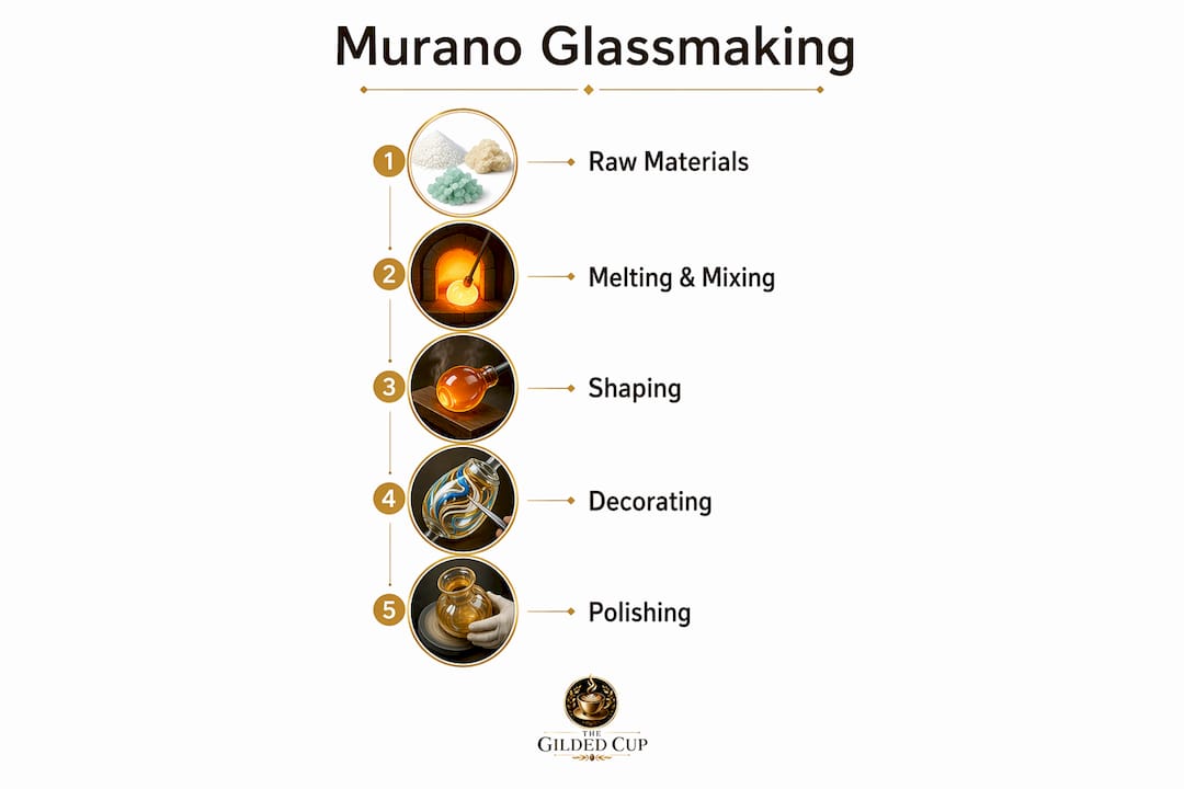 Infographic showing Murano glassmaking process steps