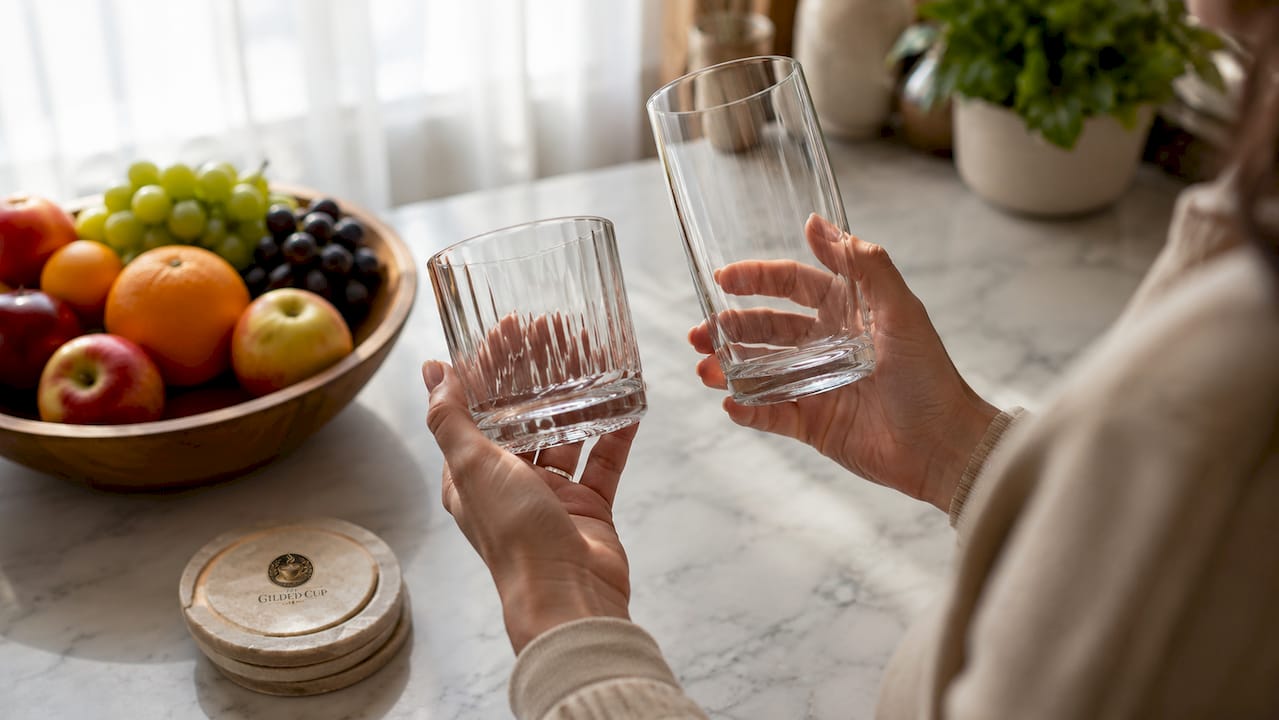 Hands comparing lowball glass and travel tumbler sizes