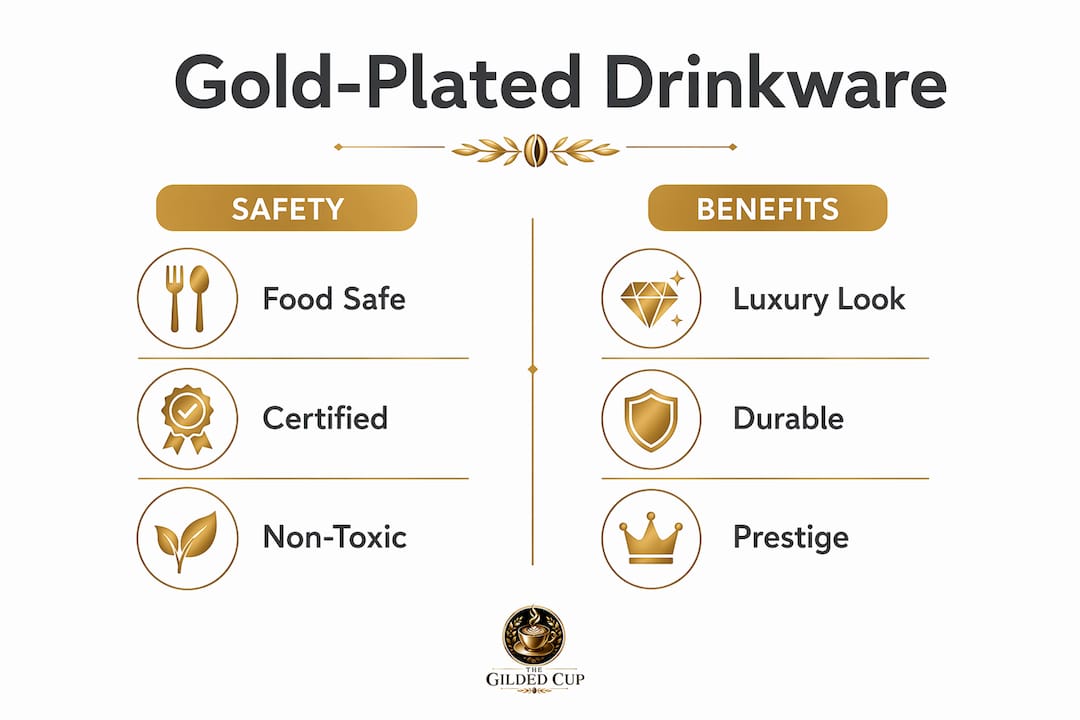 Infographic comparing safety and benefits of gold-plated drinkware