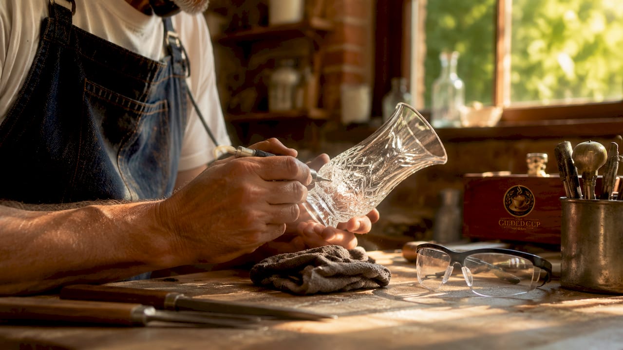 Artisan hand-cutting crystal vase on workbench