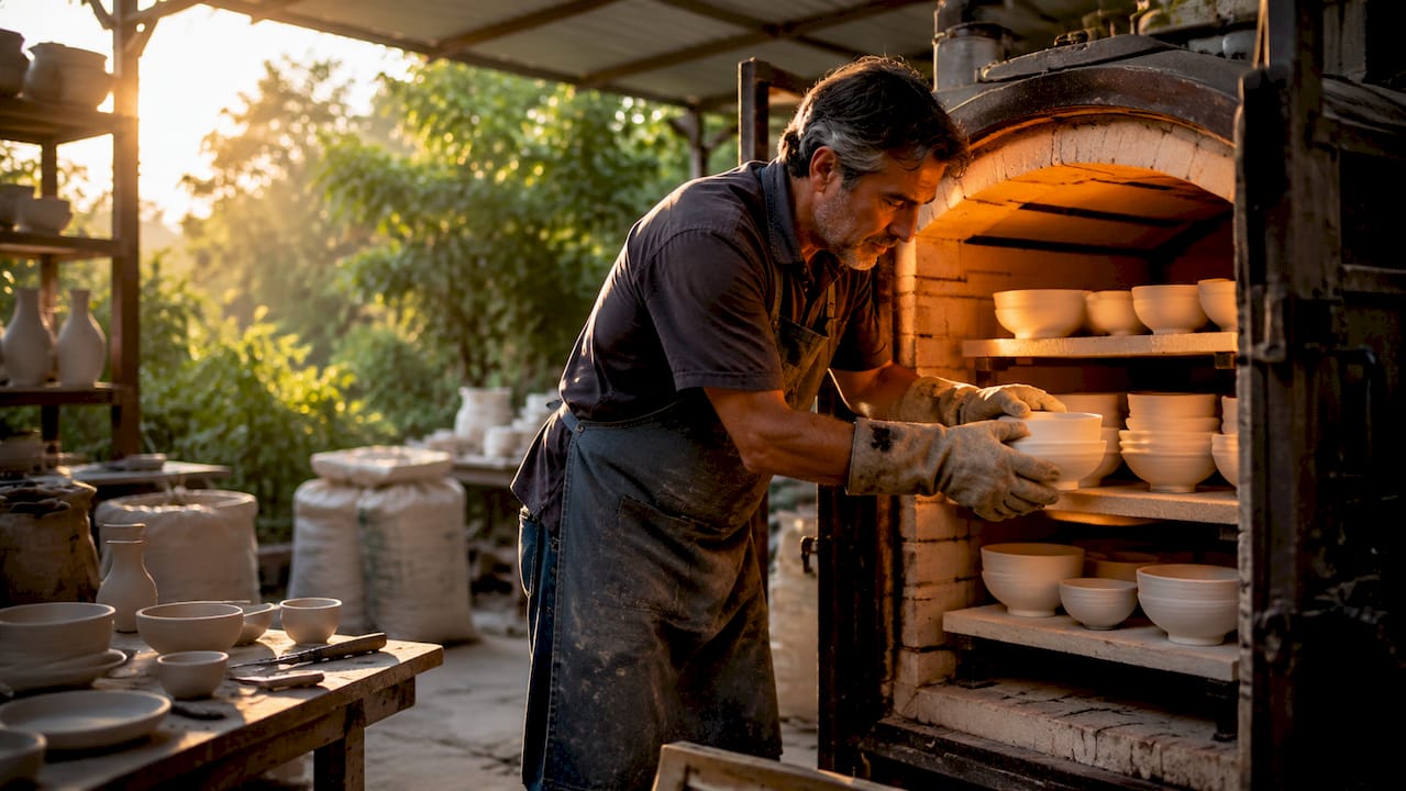 Artisan loading porcelain kiln in workshop