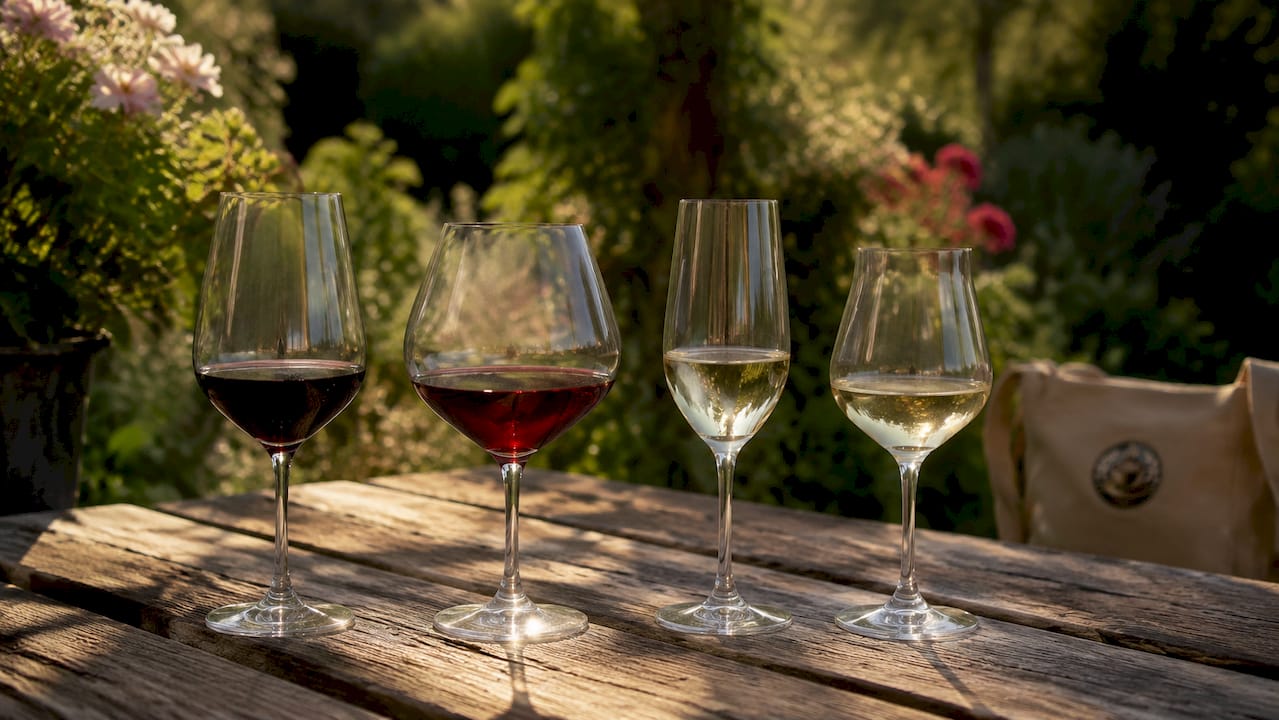 Variety of quality wine glass shapes on counter