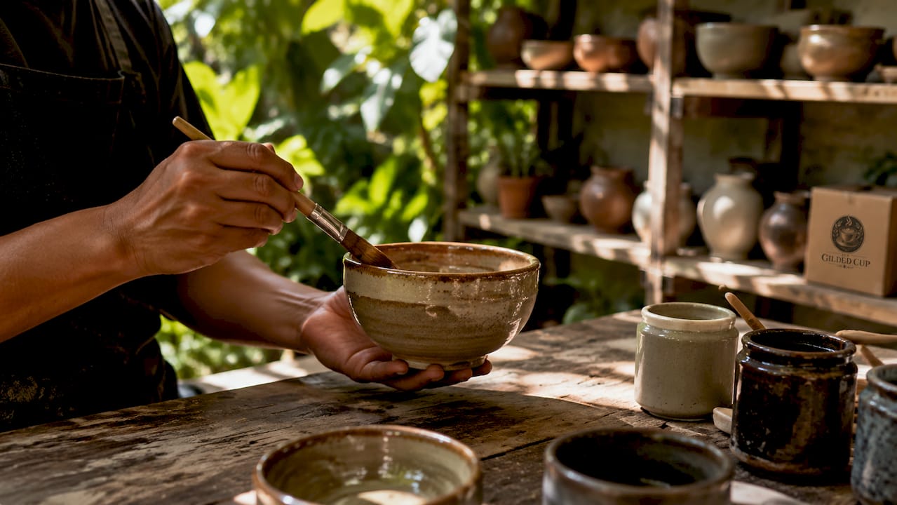 Close-up of hands glazing pottery bowl in studio