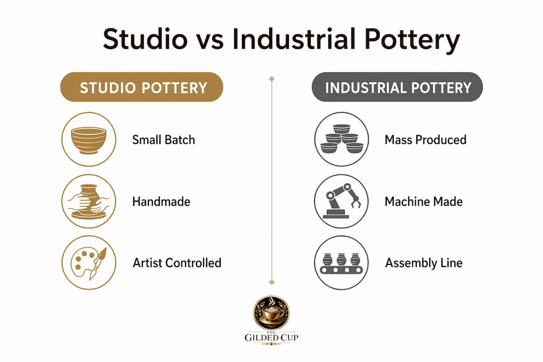 Comparison infographic of studio and industrial pottery