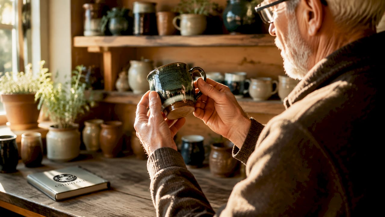 Close-up of hands examining porcelain cup
