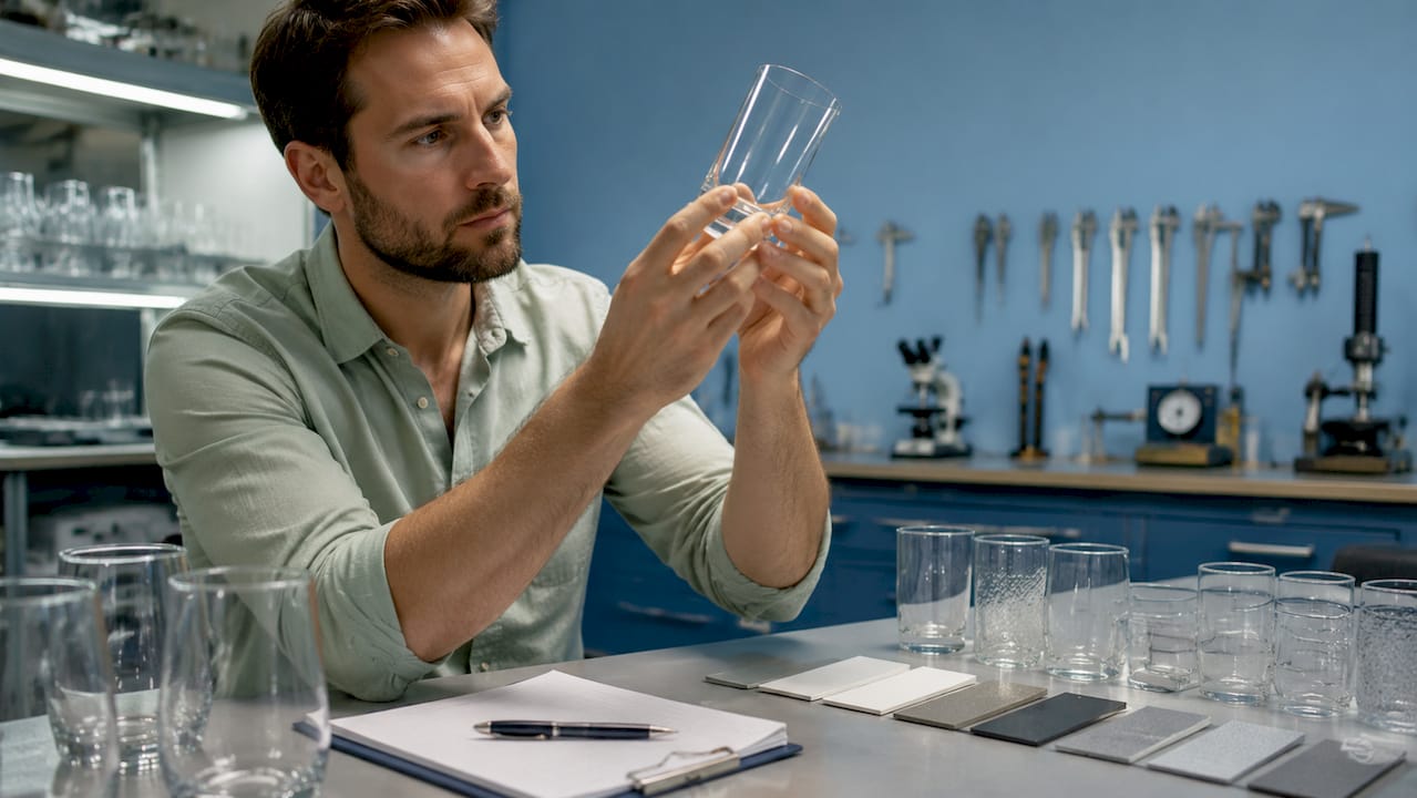 Inspector examining commercial glassware edges