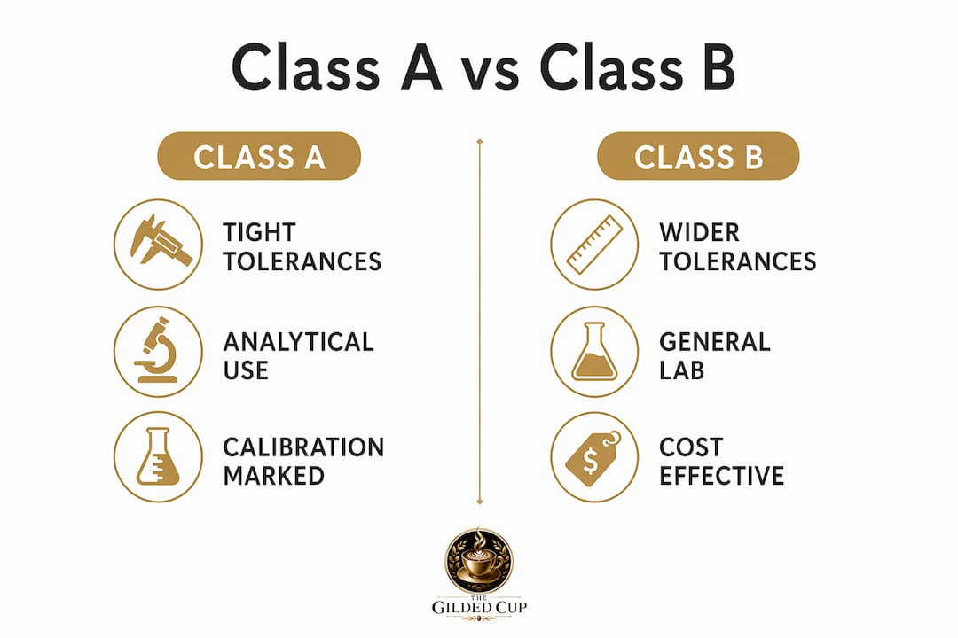 Infographic comparing Class A and Class B glassware features