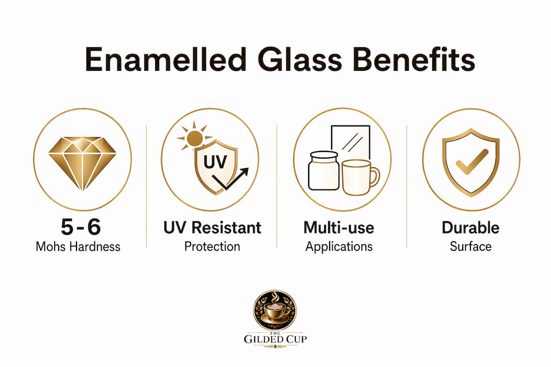 Infographic showing enamelled glass key properties and benefits