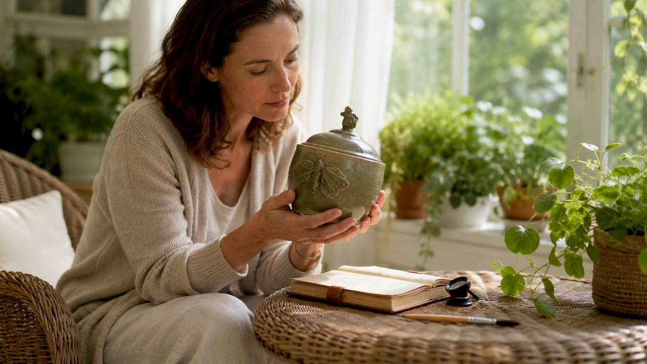 Collector inspecting green ceramic jar closely