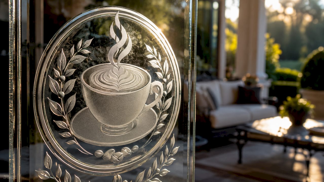 Close-up texture of hand-etched glass pattern