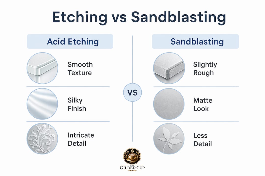 Comparison infographic of acid etching and sandblasting finishes