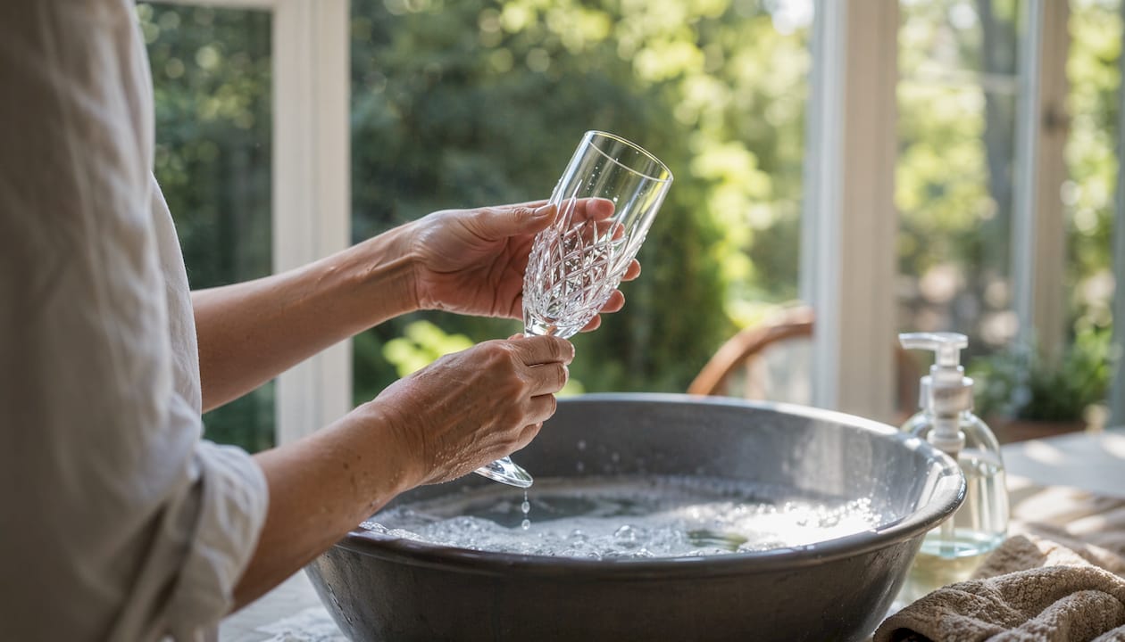 Hands washing delicate crystal glass carefully