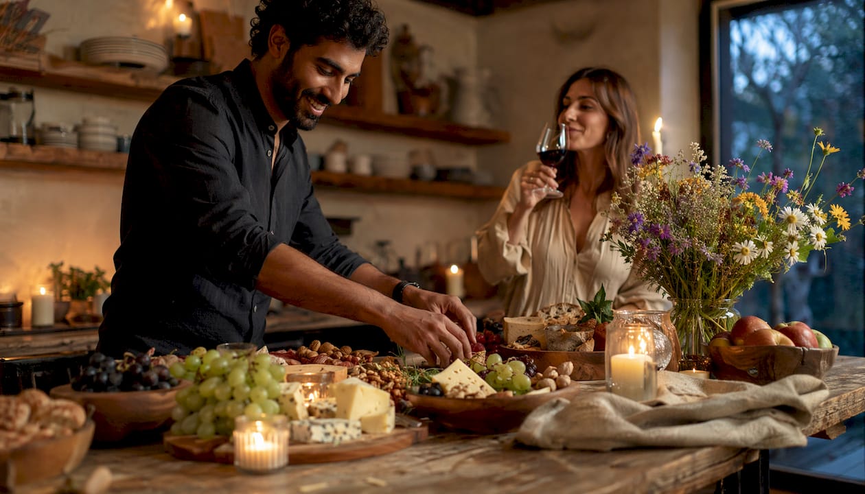 Host arranging food pairings during wine tasting