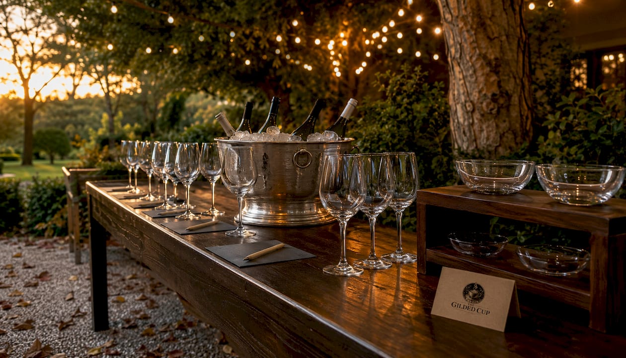 Well-arranged wine tasting setup with glasses