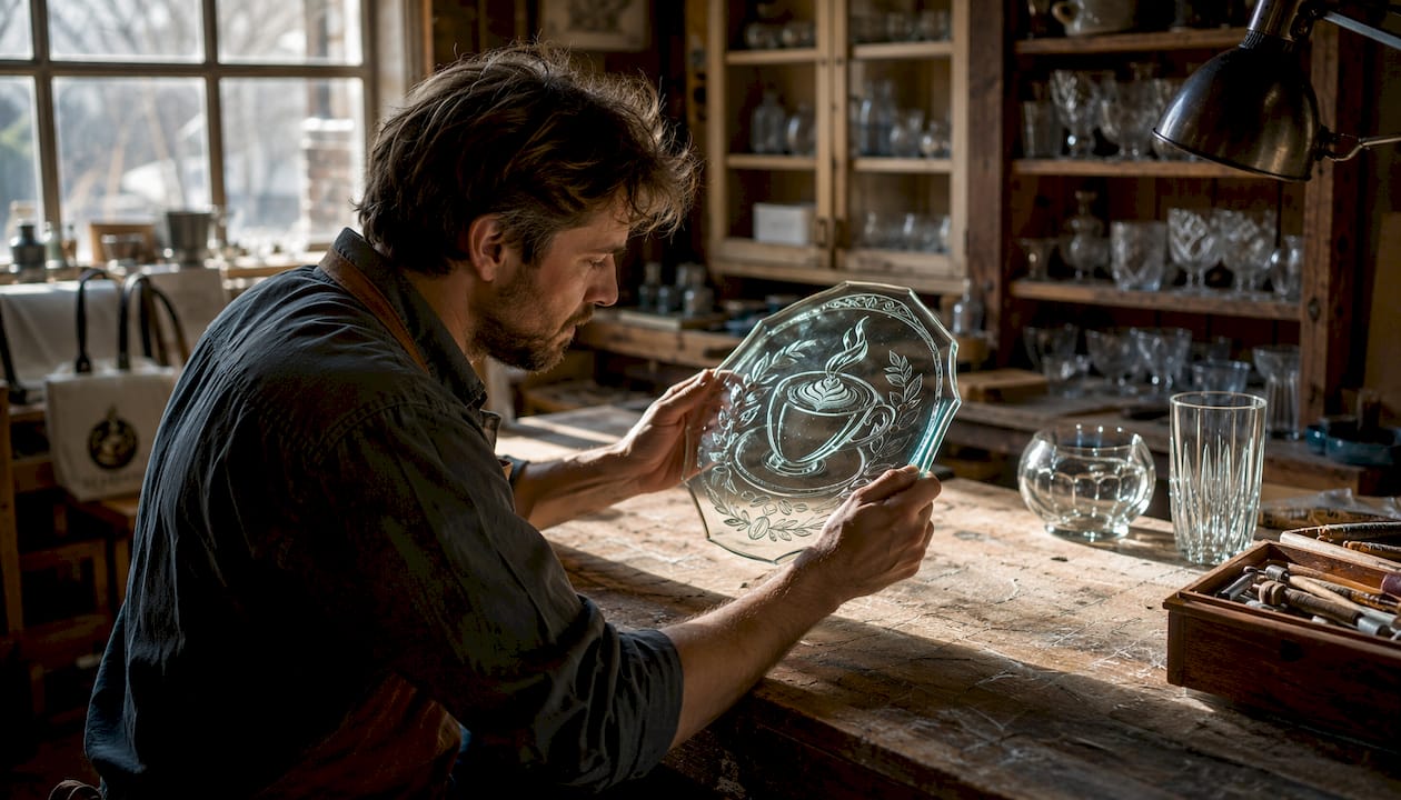 Hands inspecting etched letters and symbols on glass mark