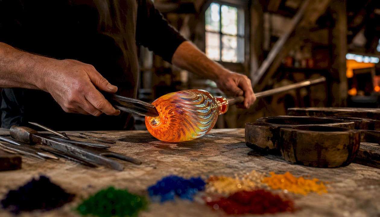 Hands shaping molten carnival glass in studio