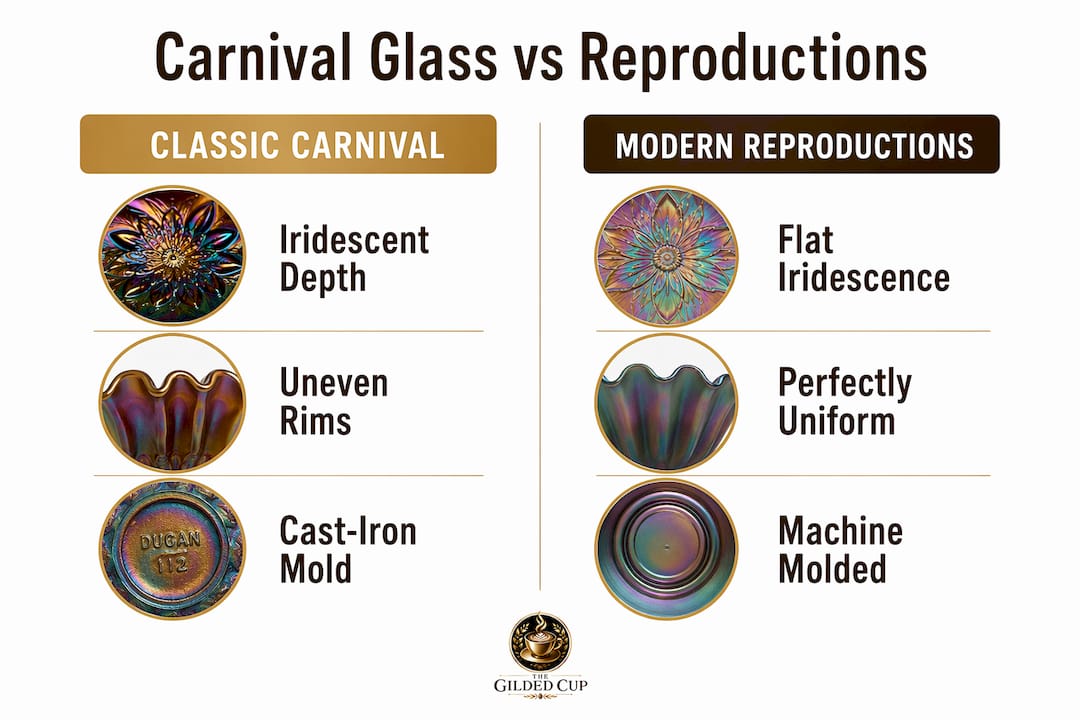Infographic comparing classic carnival glass and reproductions