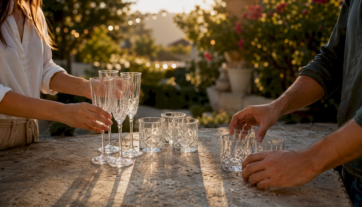 Hands arranging stemware and tumblers on bar counter