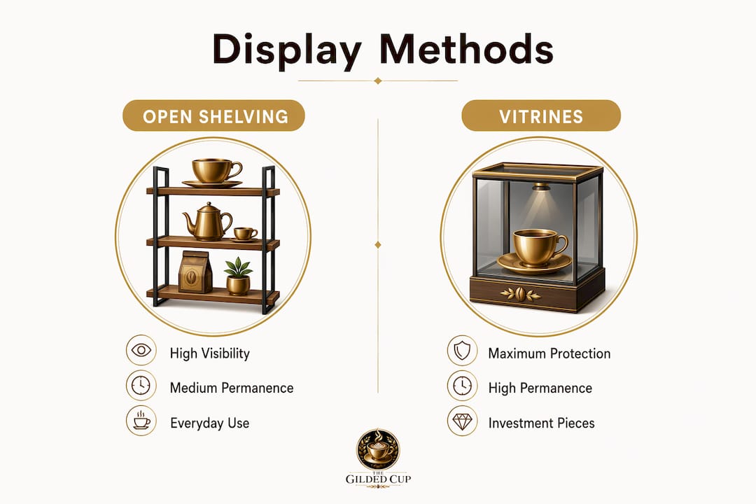 Infographic comparing glassware display methods open shelving and vitrines