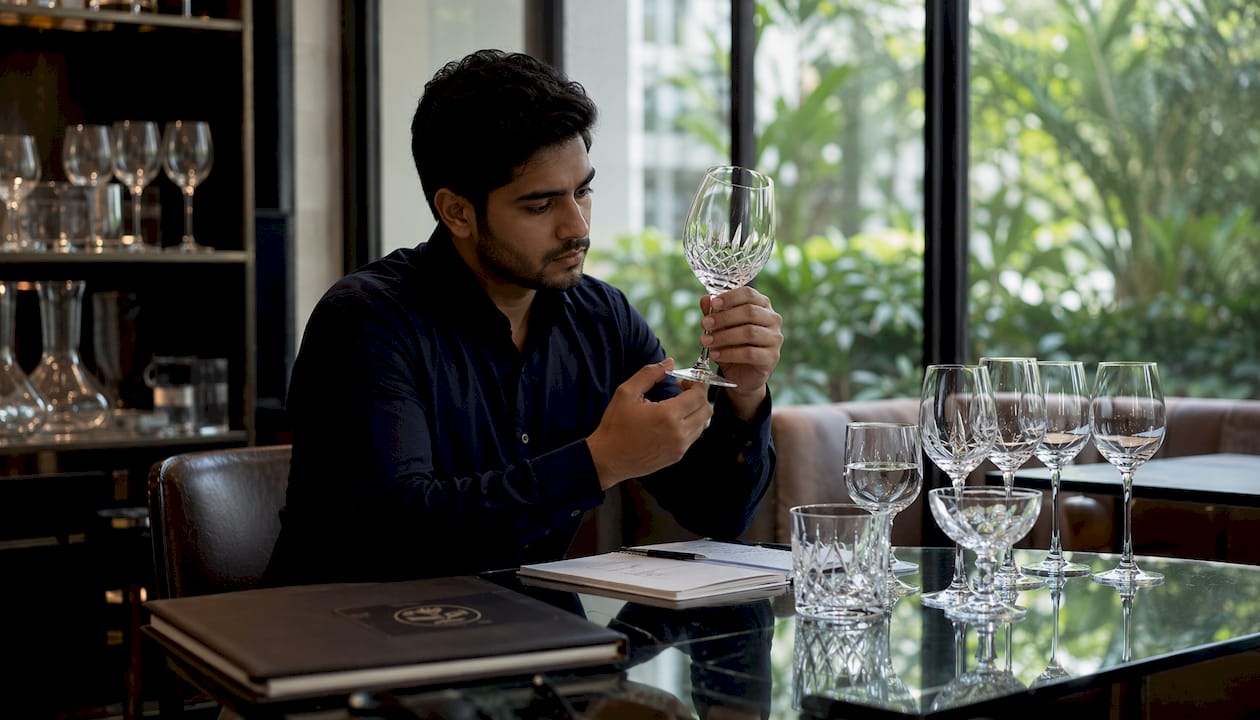 Hospitality buyer inspecting luxury drinkware samples