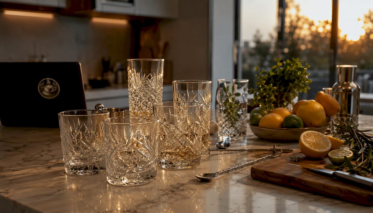 Close-up of textured premium bar glasses