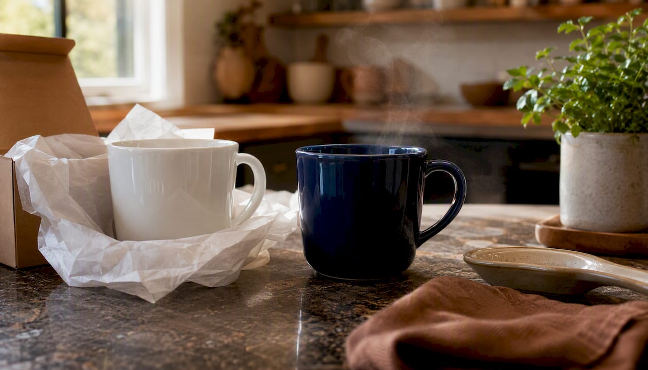 White glossy mug wrapped for gift and black mug steaming