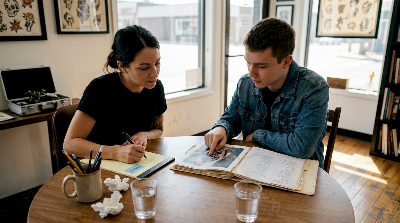 Tattoo artist and client reviewing reference images
