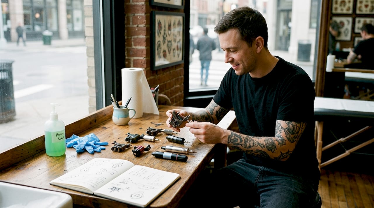 Tattoo artist examining multiple machine types