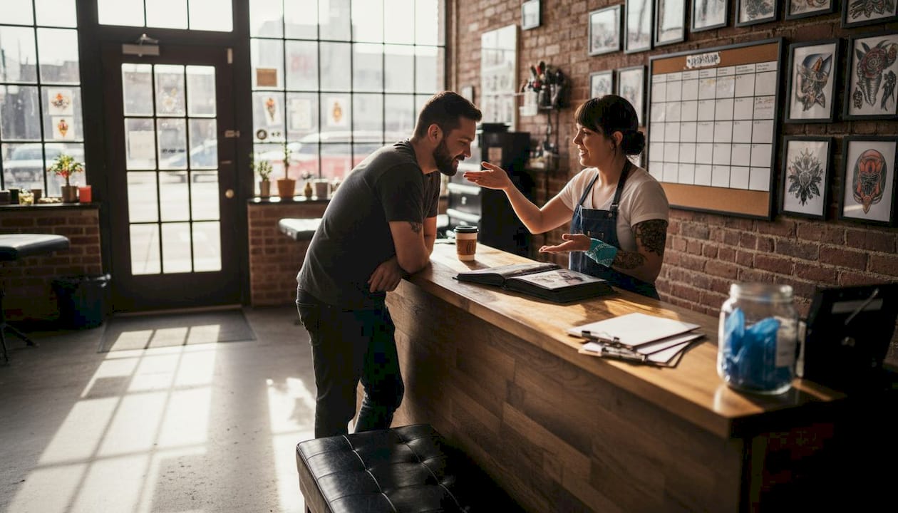 Tattoo artist consulting walk-in client