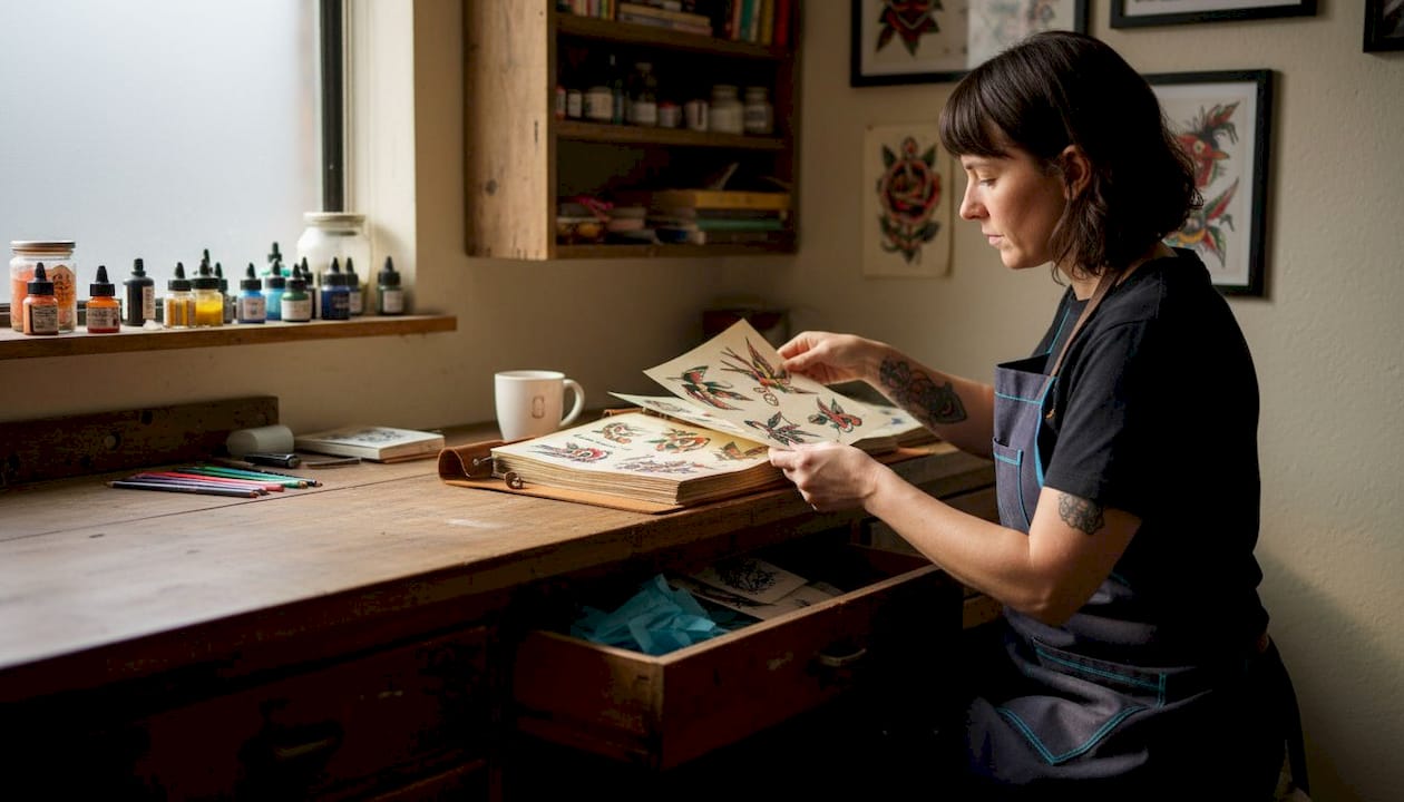 Tattoo artist browsing vintage flash sheets