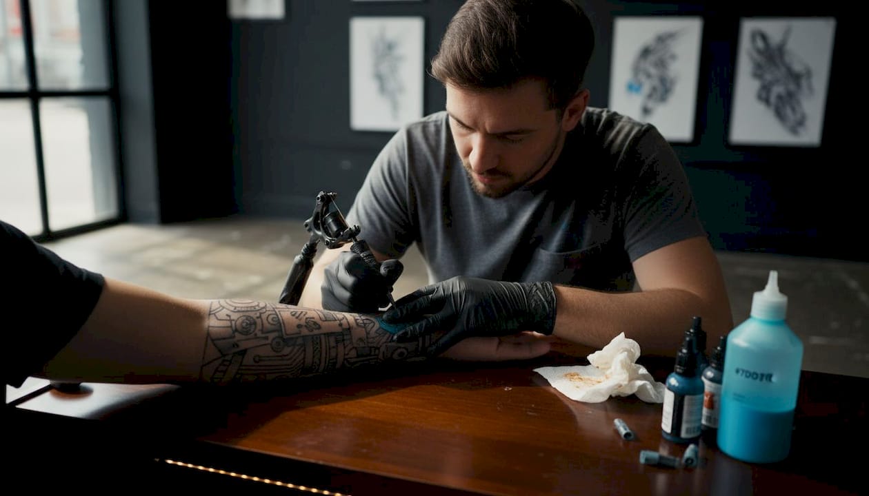 Tattoo artist creating 3D arm tattoo in studio