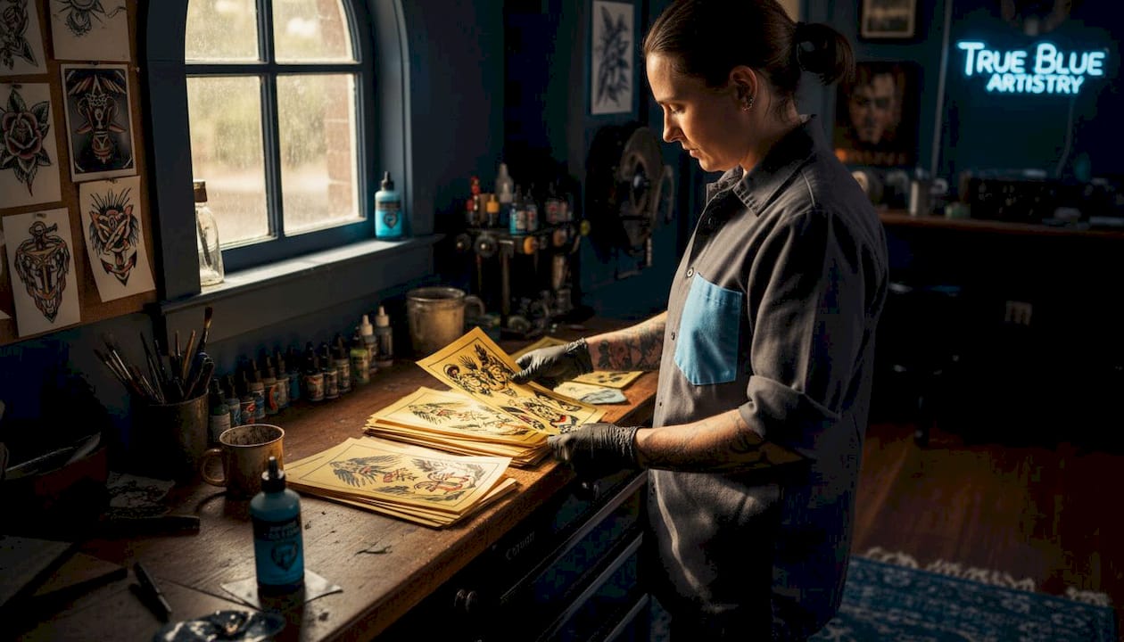 Tattoo artist sorting vintage flash sheets in studio