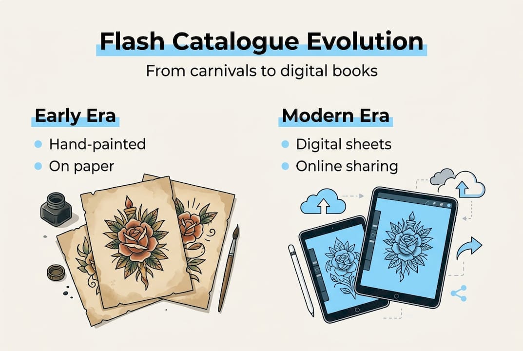 Infographic showing tattoo flash catalogue evolution