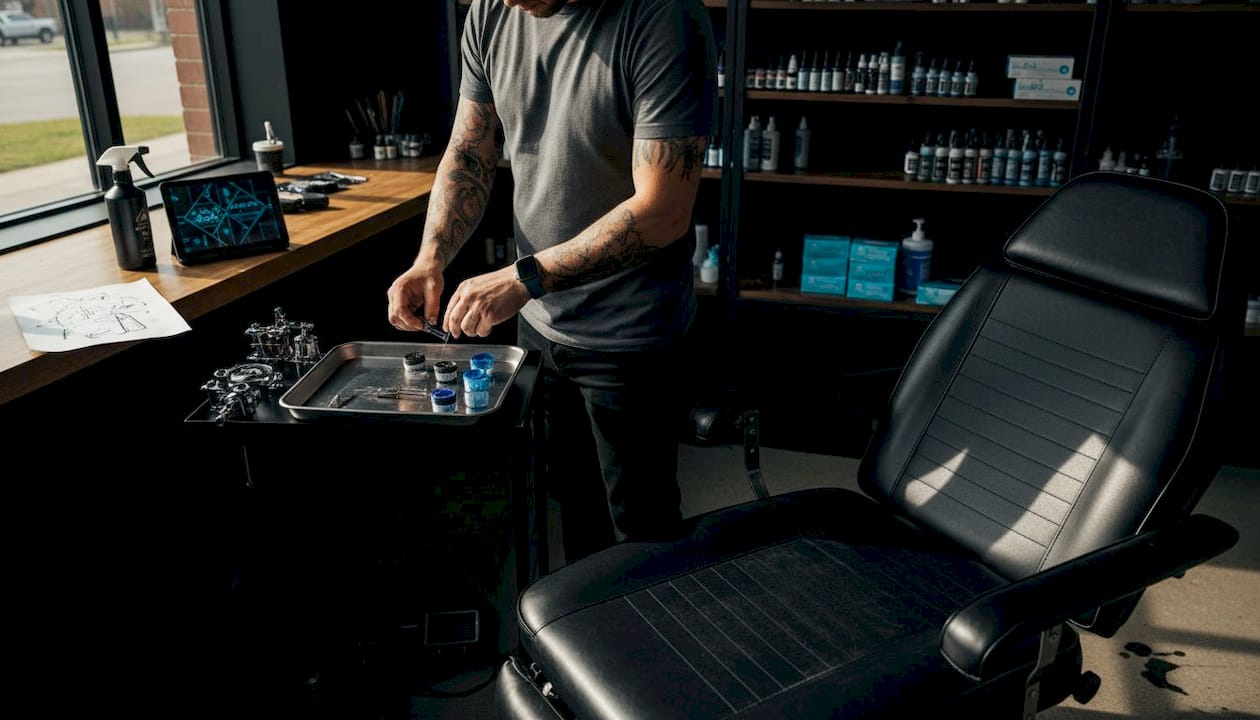 Tattoo artist setting up studio workstation
