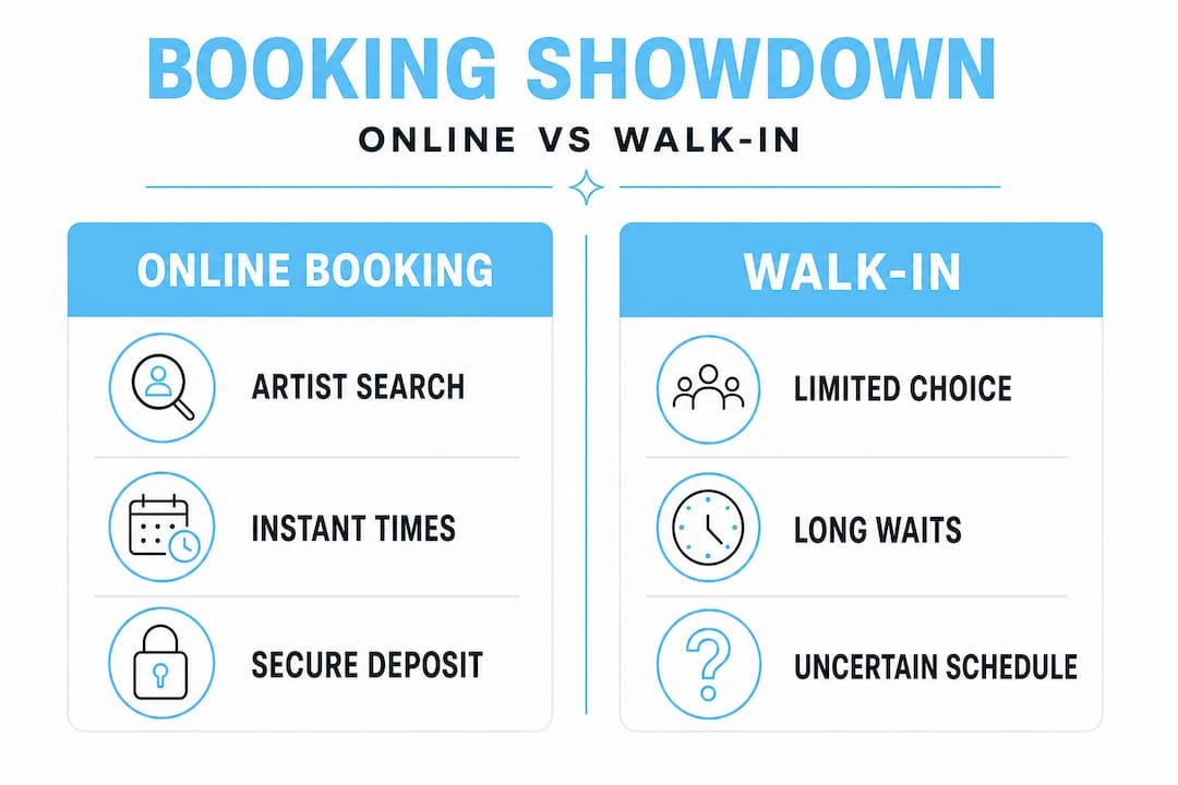 Infographic comparing online booking and walk-in tattoos