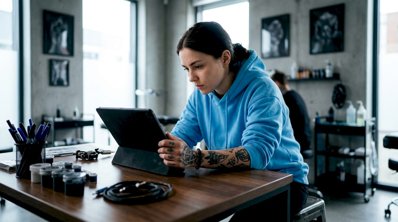 Woman reviewing tattoo artist portfolio on tablet