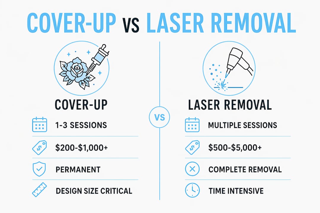 Infographic comparing cover-up tattoos and laser removal methods