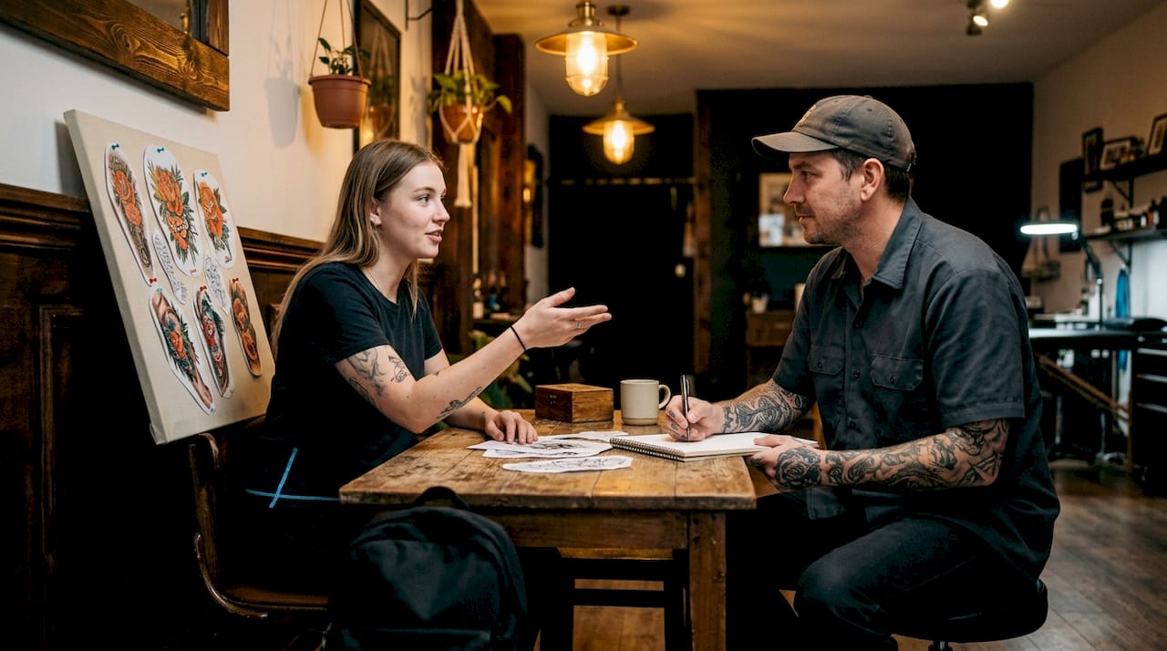 Tattoo artist consulting client about cover-up tattoo