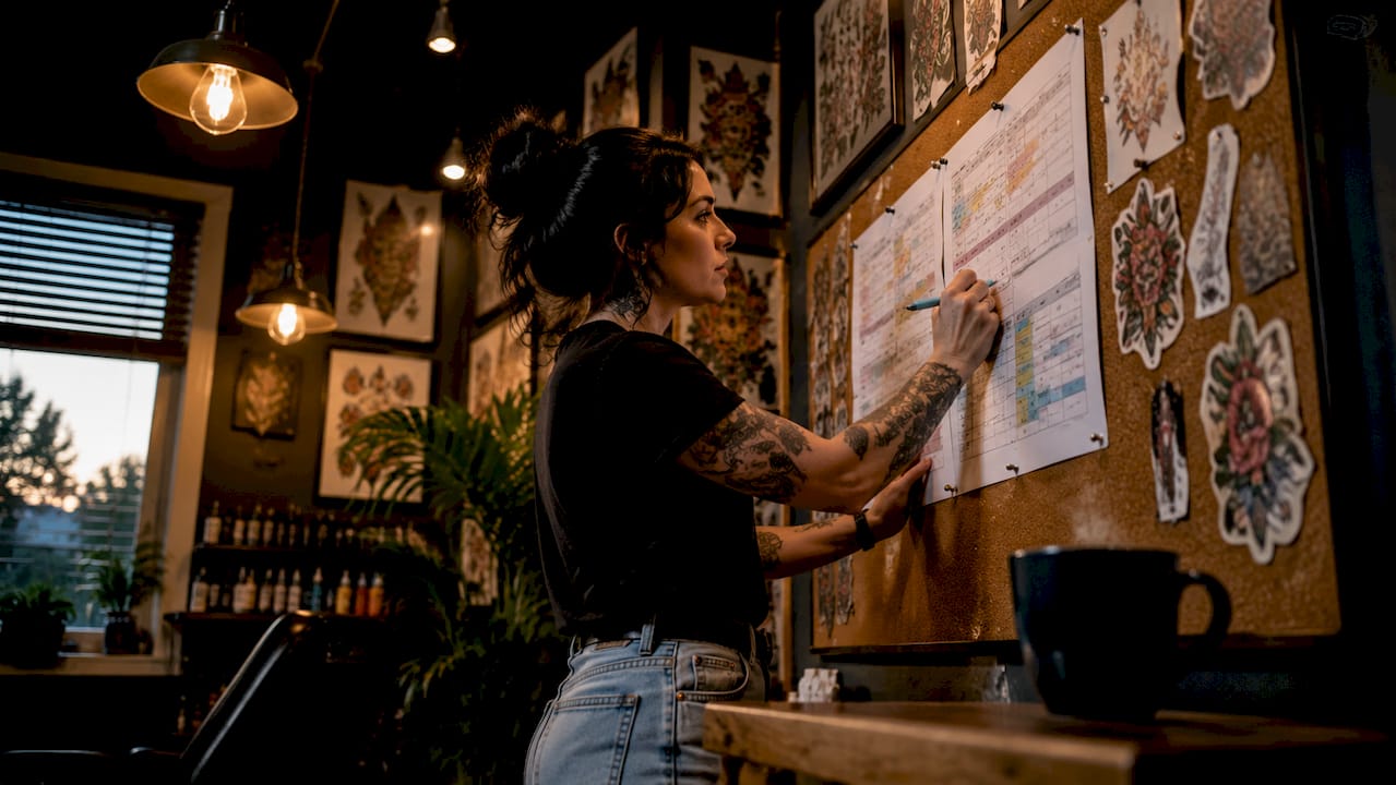 Studio manager reviewing tattoo booking schedule