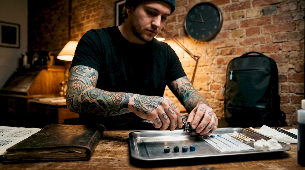 Tattoo artist preparing tools in studio